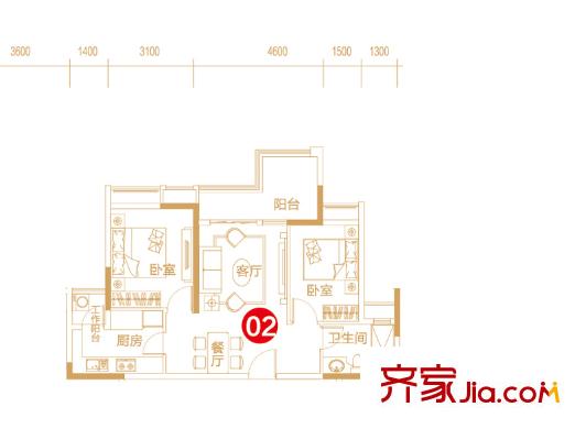 保利紫山3棟（4棟2梯）02單元75平方米 2室2廳1衛(wèi)1廚