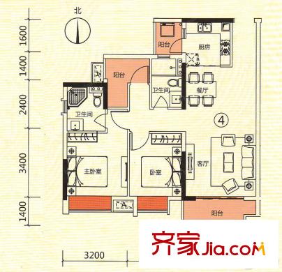 羅村花半里3座04單位 90.55平米 3室2廳2衛(wèi)1廚