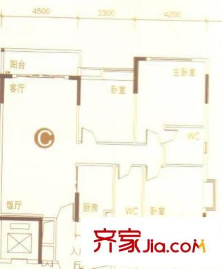 御翠豪苑戶型圖1座12層C戶型 4室2廳1衛(wèi)1廚