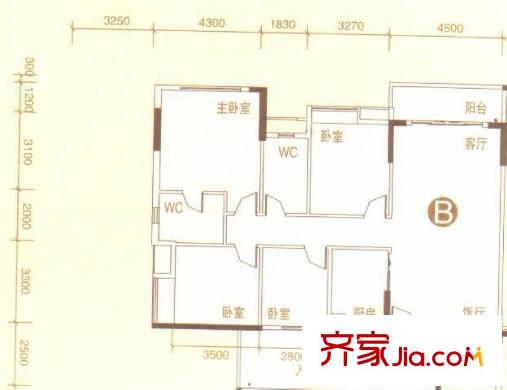 御翠豪苑戶型圖1座12層B戶型 4室2廳1衛(wèi)1廚