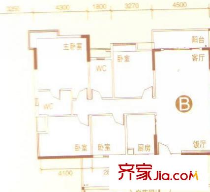 御翠豪苑戶型圖1座2-11層B戶型 4室2廳1衛(wèi)1廚