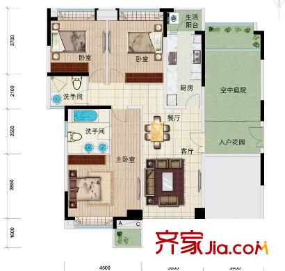 金宇錦園戶型圖雍景臺(御景臺)2-24雙數(shù)層B戶 3室2廳2衛(wèi)