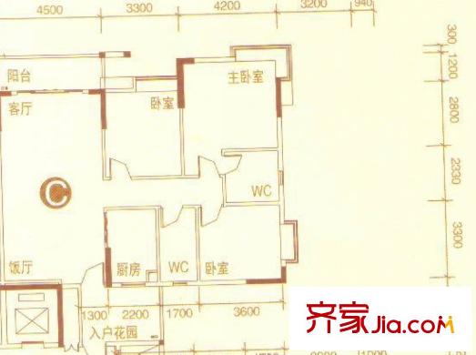 御翠豪苑戶型圖1座2-11層c戶型 4室2廳1衛(wèi)1廚