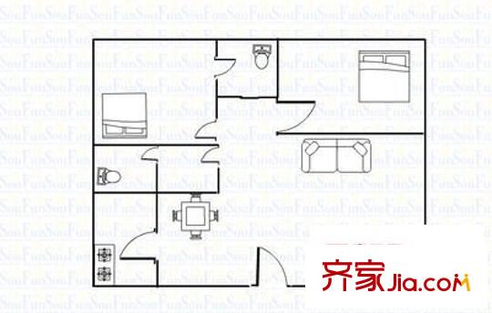 南?；S宿舍樓戶型圖2室2廳戶型圖 2室2廳1衛(wèi)1廚