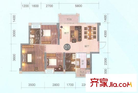 龍光天湖華府7座01單位 約89平方米 3室2廳2衛(wèi)1廚