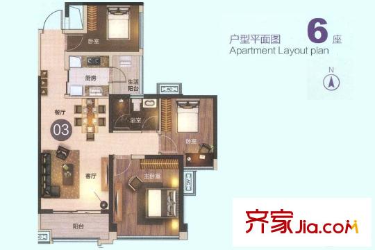 龍光天湖華府6座03單位 約90平方米 3室2廳1衛(wèi)1廚