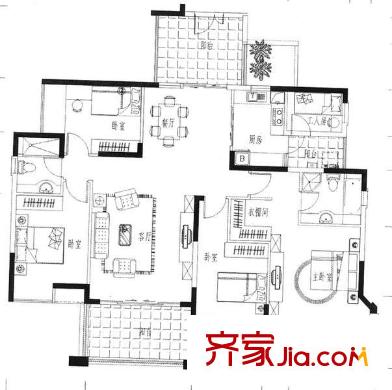 水悅城邦別墅戶型圖天御居2棟A座2-19層02單元 5室2廳2衛(wèi)1廚