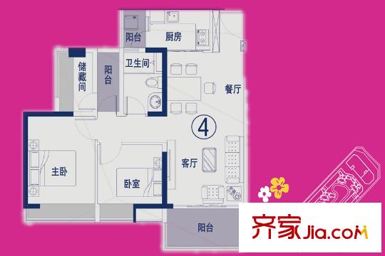 萬薈時代1棟04單元建面約84平方米戶型 2室2廳1衛(wèi)1廚