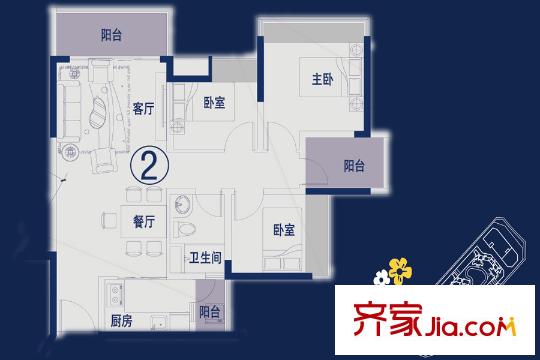 萬薈時代2棟02單元建面約88平方米戶型 3室2廳1衛(wèi)1廚