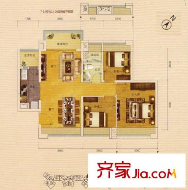 金名都19/22棟標(biāo)準(zhǔn)層02戶型 85平方米 3室2廳1衛(wèi)1廚