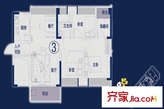 萬薈時代2棟03單元建面約89平方米戶型 3室2廳1衛(wèi)1廚