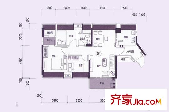 萬薈時代3/4座01單元 86平方米 3室2廳2衛(wèi)1廚
