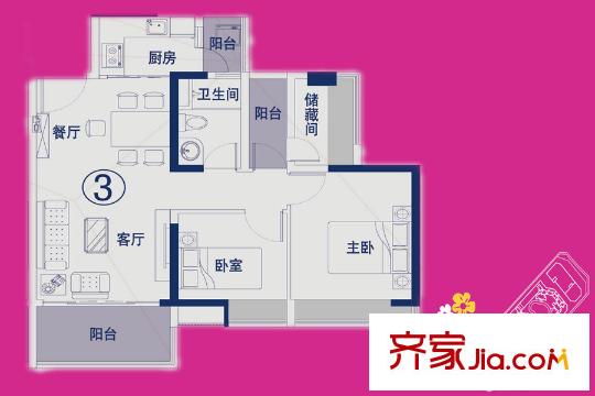 萬薈時代1棟03單元建面約80平方米戶型 2室2廳1衛(wèi)1廚
