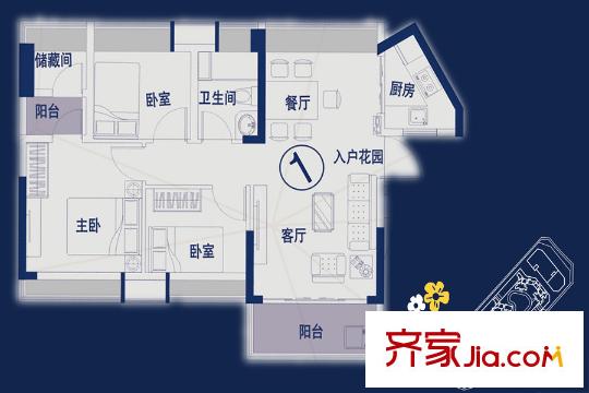萬薈時代2棟01單元建面約84平方米戶型 3室2廳1衛(wèi)1廚