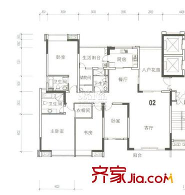 中海萬(wàn)錦豪園戶型圖D2型02.166m2 4室2廳3衛(wèi)1廚