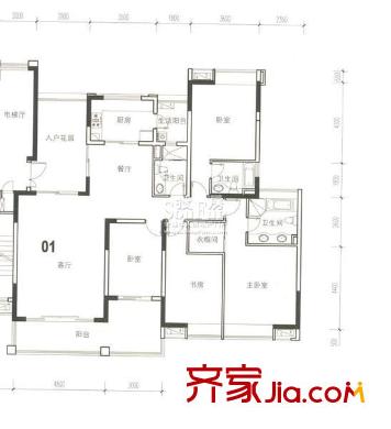 中海萬(wàn)錦豪園戶型圖D3型01.158m2 4室2廳3衛(wèi)1廚