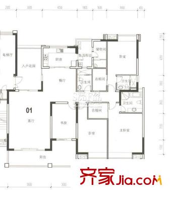 中海萬(wàn)錦豪園戶型圖D1型01.182m2 4室2廳3衛(wèi)1廚