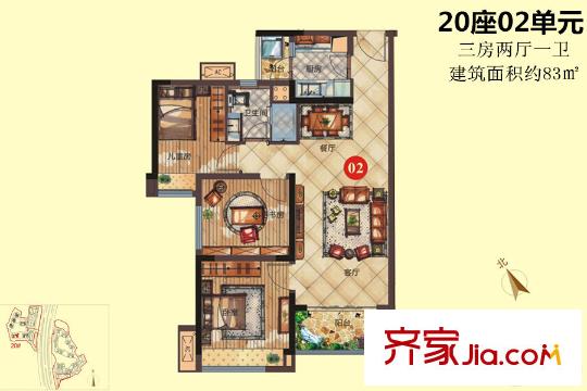 綠地香樹花城20座02單元約83平方米 3室2廳1衛(wèi)1廚