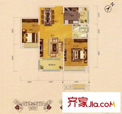 金名都19/21/22/24棟標(biāo)準(zhǔn)層03戶型 79平方米 2室2廳1衛(wèi)1廚