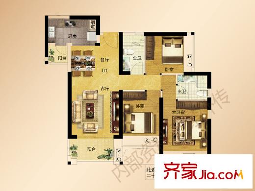 金名都37棟01戶型 91平方米 3室2廳2衛(wèi)1廚