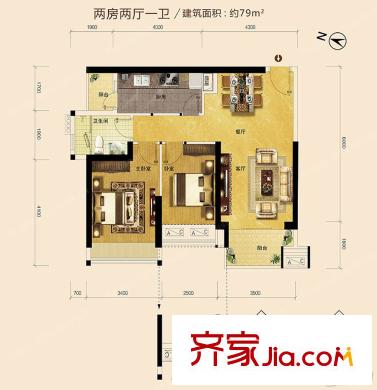 金名都13/14棟標(biāo)準(zhǔn)層03戶型 79平方米 2室2廳1衛(wèi)1廚