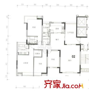 中海萬(wàn)錦豪園戶型圖D3型02.158m2 4室2廳3衛(wèi)1廚
