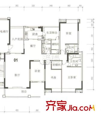 中海萬(wàn)錦豪園戶型圖D2型01.165m2 4室2廳3衛(wèi)1廚
