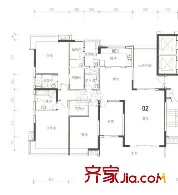 中海萬(wàn)錦豪園戶型圖D1型02.187m2 4室2廳3衛(wèi)1廚