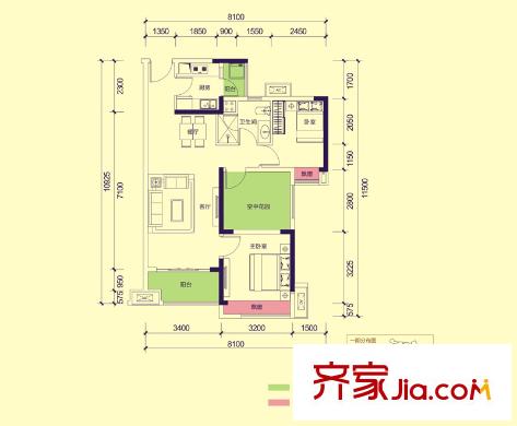 綠地香樹花城1-8棟A3戶型80平方米 3室2廳1衛(wèi)1廚