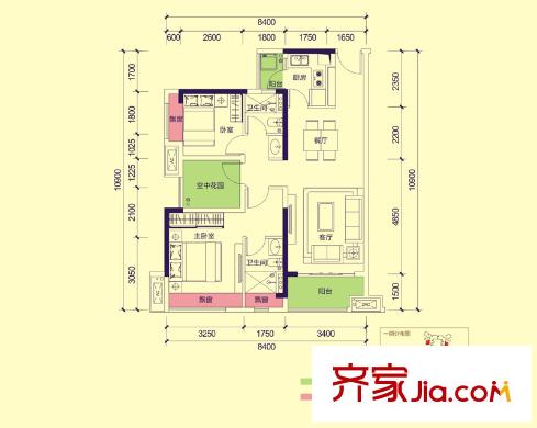 綠地香樹花城1-8棟A4戶型88平方米 3室2廳2衛(wèi)1廚