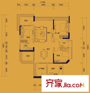 均城上島水岸戶型圖3室2廳戶型圖 3室2廳2衛(wèi)1廚