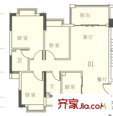 奧米茄花園戶型圖伊頓11棟1-13層01單元 3室2廳2衛(wèi)