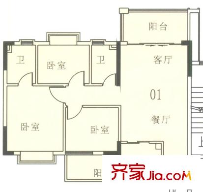 奧米茄花園戶型圖伊沙郡8棟1-12層01單元 3室2廳2衛(wèi)