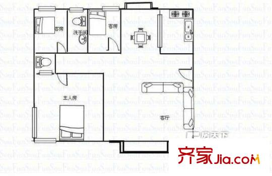 都市晴園戶型圖3室2廳戶型圖 3室2廳2衛(wèi)1廚