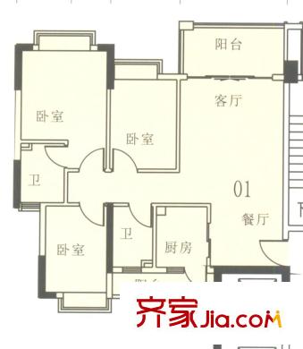 奧米茄花園戶型圖香檳郡5棟2-14層01單元 3室2廳2衛(wèi)