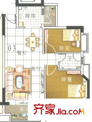 奧米茄花園戶型圖伊頓11棟1-13層03單元 2室2廳1衛(wèi)