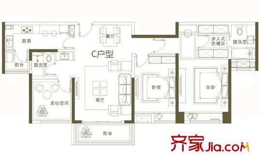 順德綠地中心2/3座C戶型 126.86平方米 3室2廳2衛(wèi)1廚