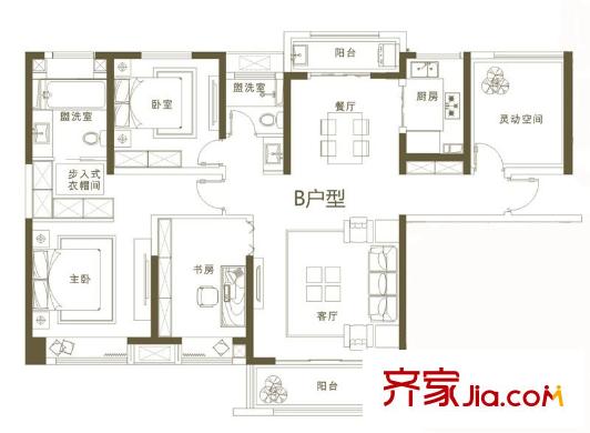 順德綠地中心2/3座B戶型① 143.55平方米 4室2廳2衛(wèi)1廚