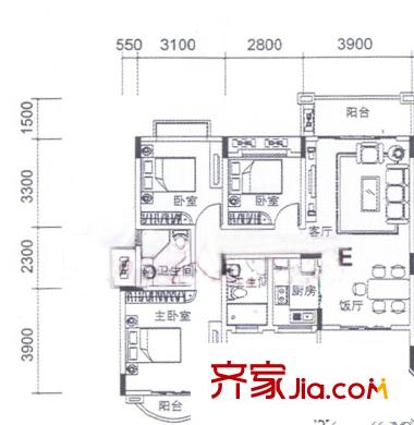新君匯花地灣二棟B梯二-十三06單位E型戶型 3室2廳2衛(wèi)