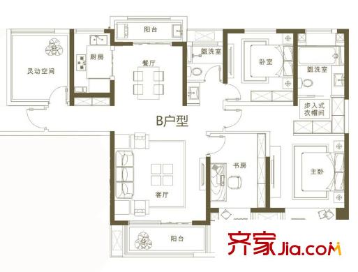 順德綠地中心2/3座B戶型② 143.55平方米 4室2廳2衛(wèi)1廚