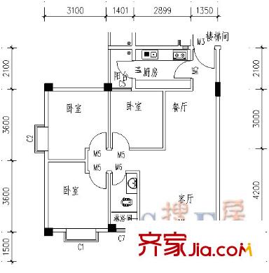 濱江名苑戶型圖馨怡居201-601 3室2廳2衛(wèi)1廚