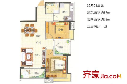 山林水語(yǔ)32座04單元 約87平方米 3室2廳1衛(wèi)1廚