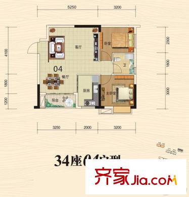 山林水語(yǔ)34座04戶(hù)型66平方米 2室2廳1衛(wèi)1廚