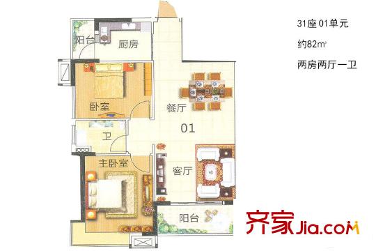 山林水語(yǔ)31座01單元 約82平方米 2室2廳1衛(wèi)1廚