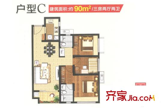 萬科金域中央2-6座c戶型02/03/05/06單元 90平方米 3室2廳2衛(wèi)1廚