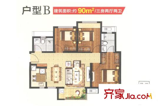 萬科金域中央2-6座b戶型01/04單元 90平方米 3室2廳2衛(wèi)1廚