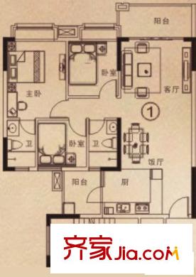 東圣維拉3座01/02戶型建面約95平方米 3室2廳2衛(wèi)1廚