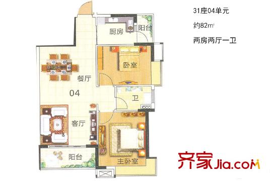 山林水語(yǔ)31座04單元 約82平方米 2室2廳1衛(wèi)1廚