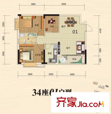 山林水語(yǔ)34座01戶(hù)型77平方米 3室2廳1衛(wèi)1廚