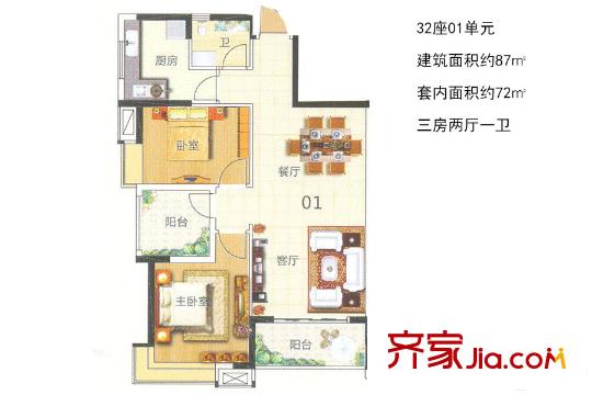山林水語(yǔ)32座01單元 約87平方米 3室2廳1衛(wèi)1廚